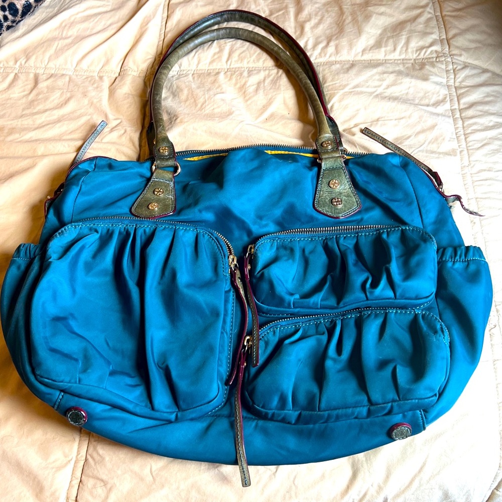 MZ Wallace Large Kate Bedford  dark teal Nylon Leather Diaper Handbag EUC! $425